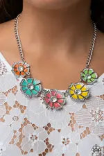 Playful Posies - Multi Color Flower Rhinestone Petal Silver Short Necklace - Paparazzi - Life of the Party July 2023