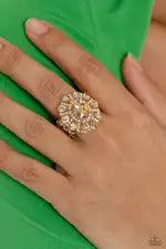 GLIMMER and Spice - Gold Rhinestone Ring - Paparazzi Life of the Party March 2023